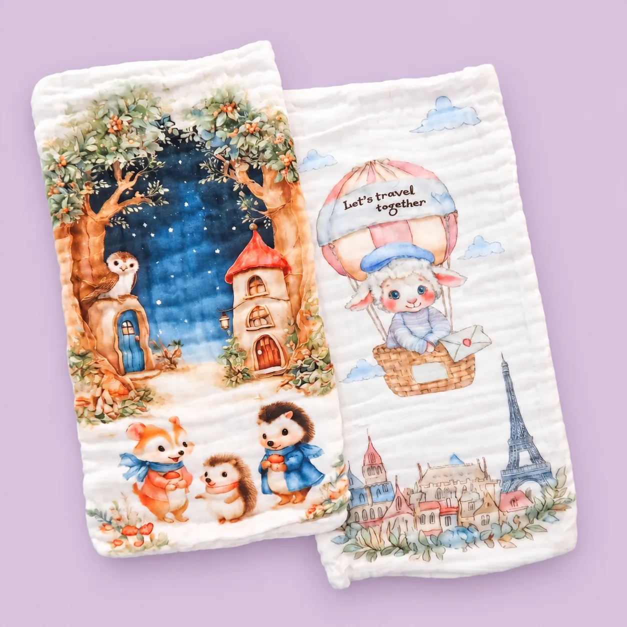 Pack of 2 Crinkled Muslin Burp / Face Towel- 25x50cm - Magic Forest at Night and Little Sheep’s Paris - BP1