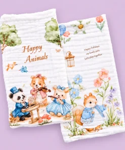 Pack of 2 Crinkled Muslin Burp / Face Towel- 25x50cm - Happy Animals Band and Squirrel - BP1