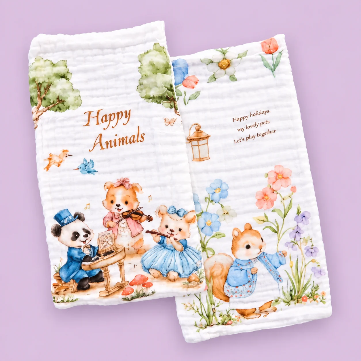 Pack of 2 Crinkled Muslin Burp / Face Towel- 25x50cm - Happy Animals Band and Squirrel - BP1