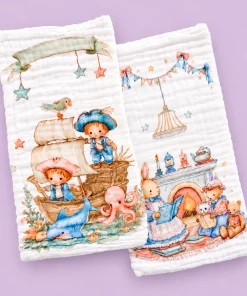 Pack of 2 Crinkled Muslin Burp / Face Towel- 25x50cm - Little Pirates Adventure and Cosy Storytime - BP1