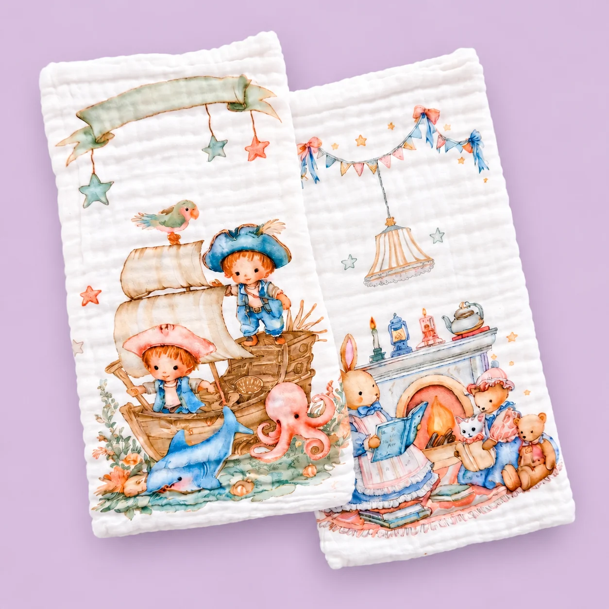 Pack of 2 Crinkled Muslin Burp / Face Towel- 25x50cm - Little Pirates Adventure and Cosy Storytime - BP1