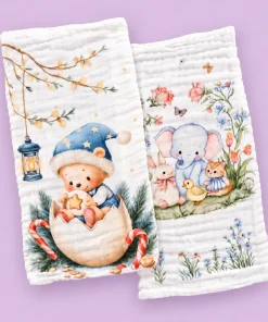 Pack of 2 Crinkled Muslin Burp / Face Towel- 25x50cm - Cute Bear in Egg and Elephant with Friends - BP1