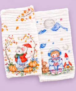 Pack of 2 Crinkled Muslin Burp / Face Towel- 25x50cm - Mouse in Autumn and Astronaut in Space - BP1