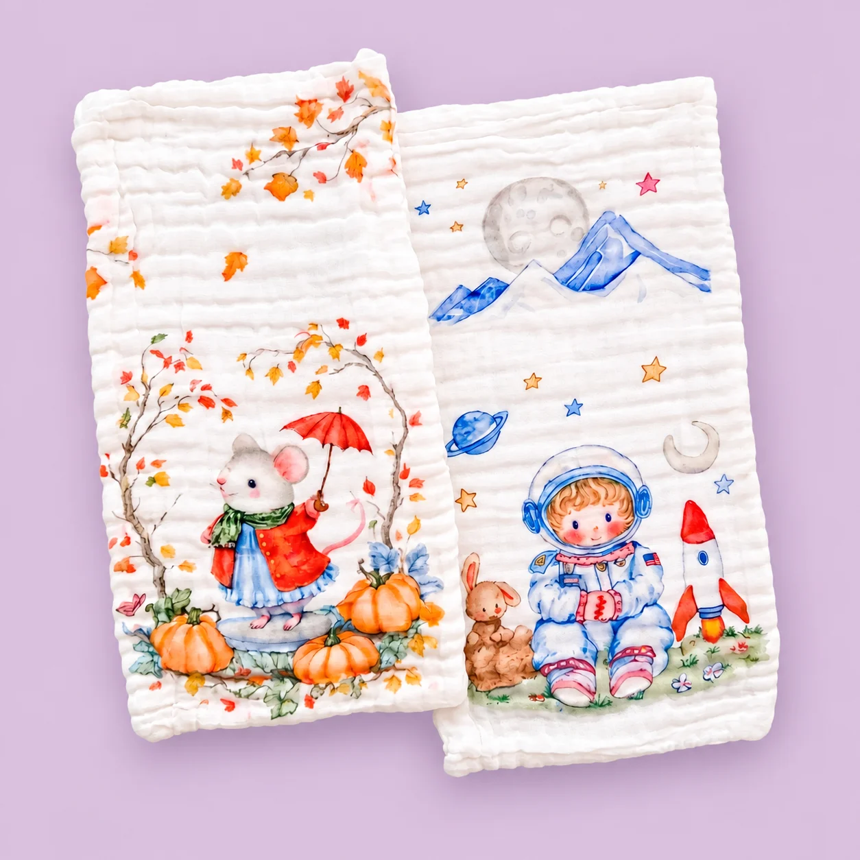 Pack of 2 Crinkled Muslin Burp / Face Towel- 25x50cm - Mouse in Autumn and Astronaut in Space - BP1