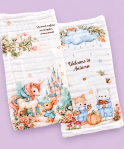 Pack of 2 Crinkled Muslin Burp / Face Towel- 25x50cm - Magical Unicorn and Welcome to Autumn - BP1