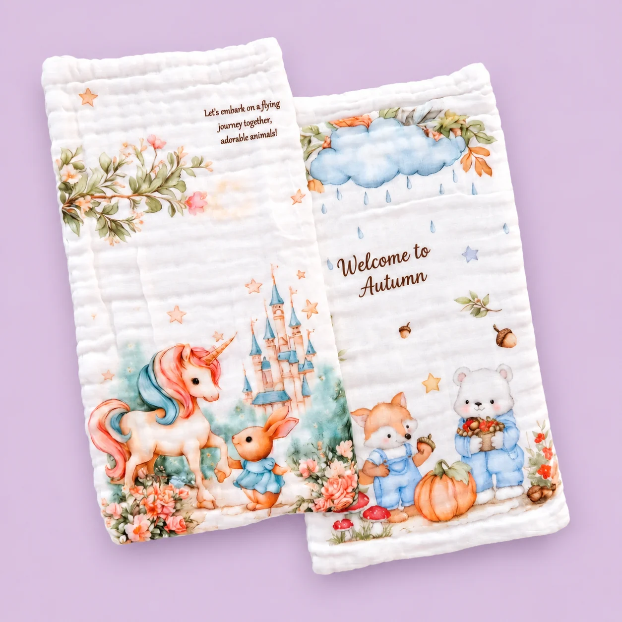 Pack of 2 Crinkled Muslin Burp / Face Towel- 25x50cm - Magical Unicorn and Welcome to Autumn - BP1