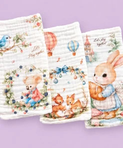 Pack of 3 Crinkled Muslin Burp / Face Towel- 25x50cm - Koala with Berry , Little Deer , Baker Bunny - BP1