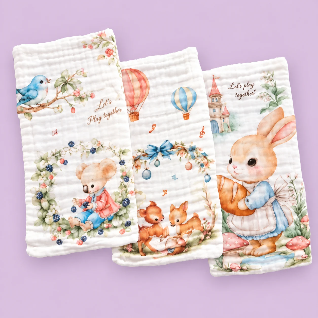 Pack of 3 Crinkled Muslin Burp / Face Towel- 25x50cm - Koala with Berry , Little Deer , Baker Bunny - BP1