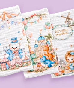 Pack of 3 Crinkled Muslin Burp / Face Towel- 25x50cm - Circus Bear , Dinosaur Birthday Party , Lion's Play Time - BP1