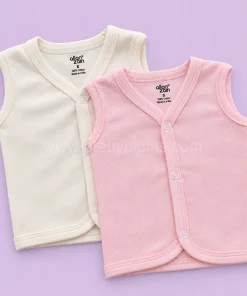 Sleeveless Jhabla Front Button (Pack of 2) - Off White and Pink with White Flower - JH1