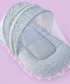 Foldable Cotton Mosquito Net Bedding Set - 95x55cm - Slate with White Leaf Flower - BS1