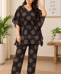 Maternity Cotton Short Kaftan Feeding Dress - Blue with White Floral Print  - MFK
