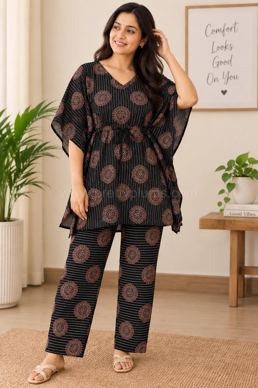 Maternity Cotton Short Kaftan Feeding Dress - Blue with White Floral Print - MFK