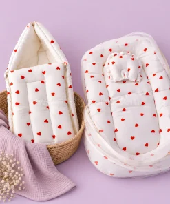Crinkled Muslin Bedding Set  and Wrapper Combo - Light Cream with Red Heart - WB1