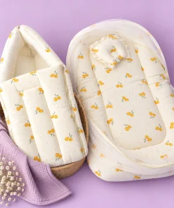 Crinkled Muslin Bedding Set  and Wrapper Combo - Light Cream  with Orange Fruit - WB1