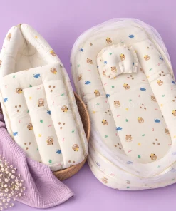 Crinkled Muslin Bedding Set  and Wrapper Combo - Light Cream with Brown Teddy Head - WB1