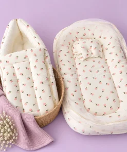 Crinkled Muslin Bedding Set and Wrapper Combo - Light Cream with Pink Floral - WB1