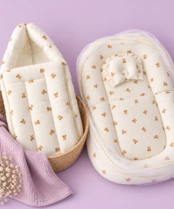 Crinkled Muslin Bedding Set  and Wrapper Combo - Light Cream with Baby Teddy - WB1