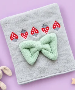 Microfiber Bath Towel - (50x100cm) - Strawberry and Bow - Grey with Green -  BT1