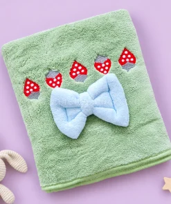 Microfiber Bath Towel- (50x100cm) - Strawberry and Bow - Green with Blue -  BT1