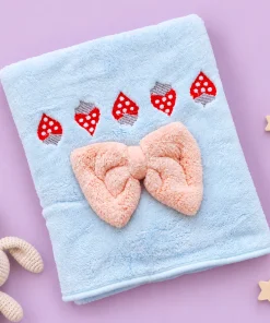 Microfiber Bath Towel - (50x100cm) - Strawberry and Bow - Light Blue with Pink -  BT1