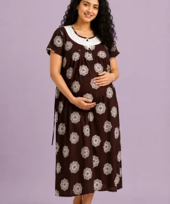 Maternity Feeding Front Open(Full) Frock(3/4th) - Dark Coffee Brown with White Print - MFN
