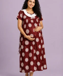 Maternity Feeding Front Open(Full) Frock(3/4th) - Maroon with White Print - MFN