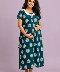 Maternity Feeding Front Open(Full) Frock(3/4th) - Dark Green with White Print - MFN