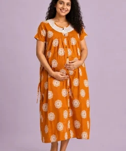 Maternity Feeding Front Open(Full) Frock(3/4th) - Yellow with White Print - MFN
