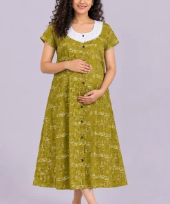 Maternity Feeding Front Open(Full) Frock(3/4th) - Green White Print - MFN