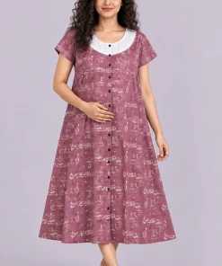 Maternity Feeding Front Open(Full) Frock(3/4th) - Onion Pink White Print - MFN