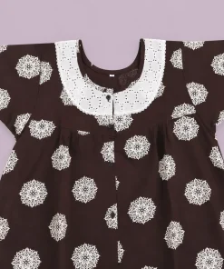 Alternative view of Maternity Feeding Front Open(Full) Frock(3/4th) - Dark Coffee Brown with White Print - MFN