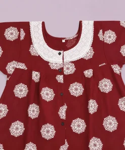 Alternative view of Maternity Feeding Front Open(Full) Frock(3/4th) - Maroon with White Print - MFN