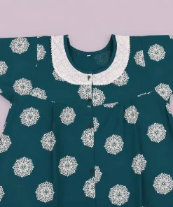 Alternative view of Maternity Feeding Front Open(Full) Frock(3/4th) - Dark Green with White Print - MFN