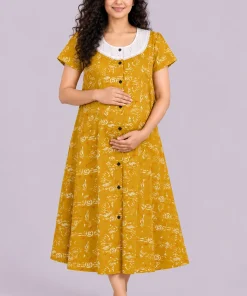 Maternity Feeding Front Open(Full) Frock(3/4th) - Mustard Yellow White Print - MFN