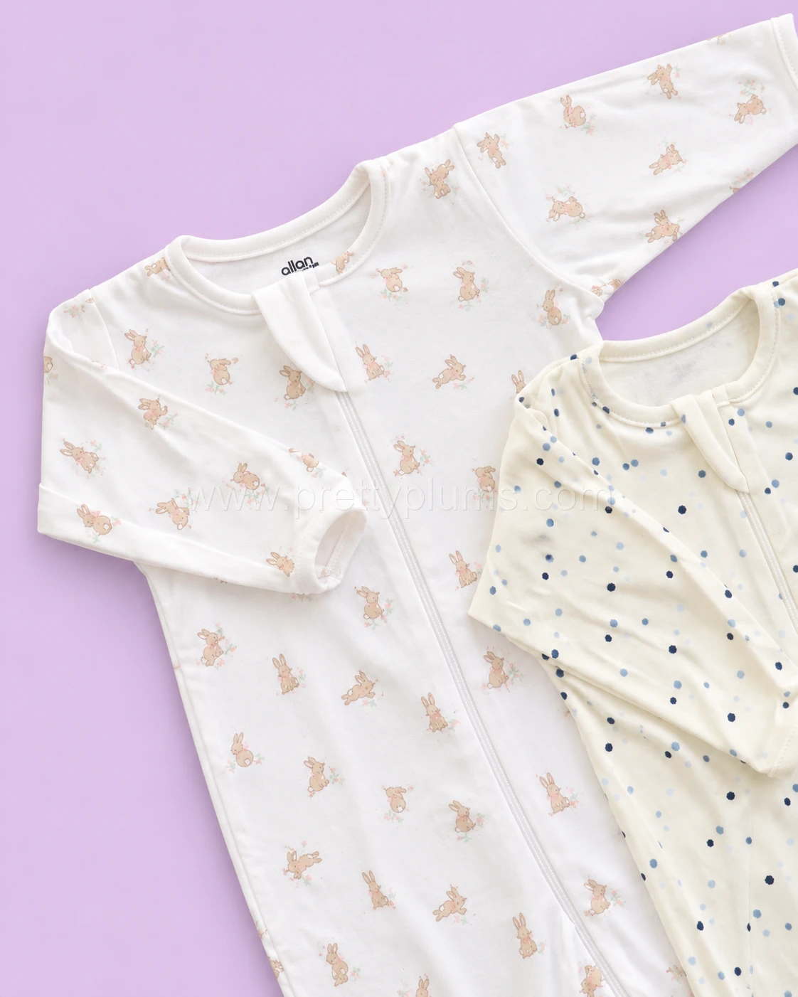 Sleeping Suit(Pack of 2)- Big Blue Dot and Off White with Rabbit - SS1 - Image 2