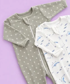 Sleeping Suit(Pack of 2)- Green with White Star and Blue Whale - SS1 - Image 2