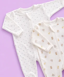 Sleeping Suit(Pack of 2)- White with Blue Dot and White with Duck and Teddy - SS1 - Image 2
