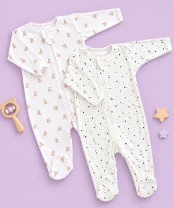 Sleeping Suit(Pack of 2)- Big Blue Dot and Off White with Rabbit - SS1