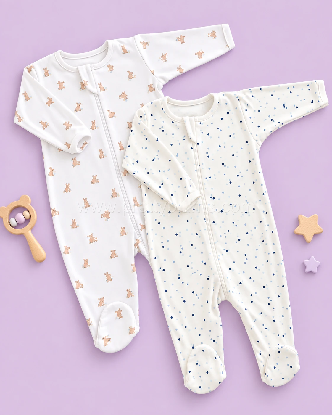 Sleeping Suit(Pack of 2)- Big Blue Dot and Off White with Rabbit - SS1