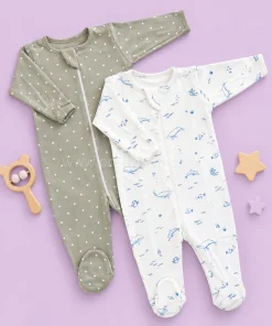 Sleeping Suit(Pack of 2)- Green with White Star and Blue Whale - SS1