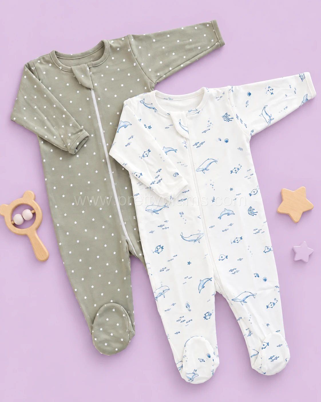 Sleeping Suit(Pack of 2)- Green with White Star and Blue Whale - SS1