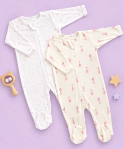 Sleeping Suit(Pack of 2)- White with Pink Dot and Off White Pink Shoe - SS1