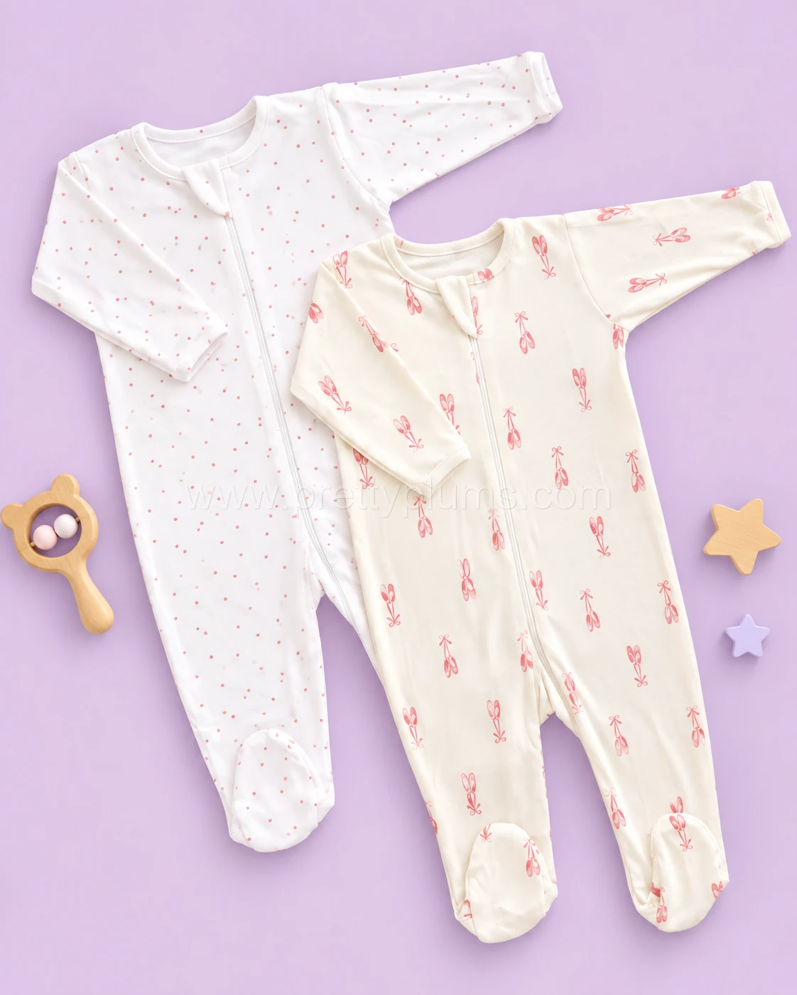Sleeping Suit(Pack of 2)- White with Pink Dot and Off White Pink Shoe - SS1