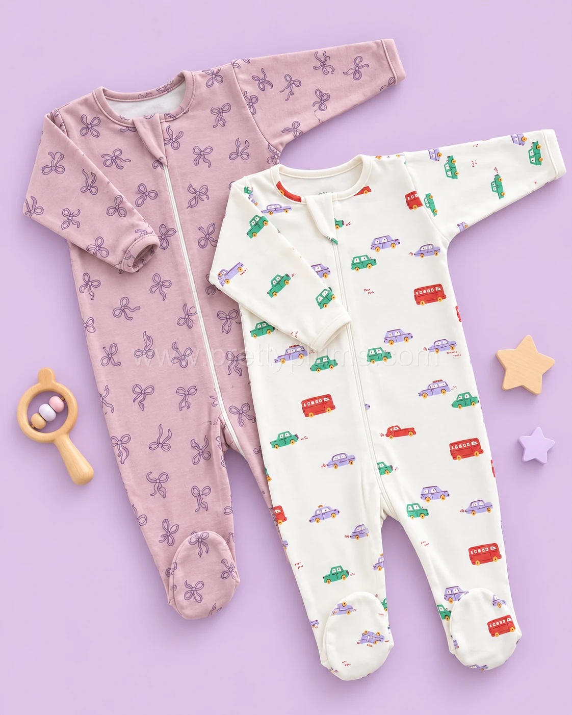 Sleeping Suit(Pack of 2)- Vehicle and Blush Pink with Bow - SS1