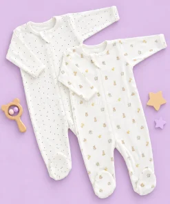 Sleeping Suit(Pack of 2)- White with Blue Dot and White with Duck and Teddy - SS1