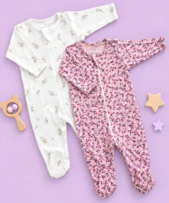 Sleeping Suit(Pack of 2)- Grey Dog and Off White with Brown Teddy Head - SS1