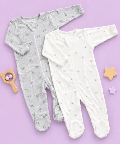 Sleeping Suit(Pack of 2)- Grey Dog and Off White with Brown Teddy Head - SS1