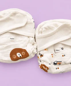 Crinkled Muslin Cloth Diaper Pack of 2 - Off White Brown Bear + Vehicles - CDP1