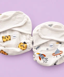 Crinkled Muslin Cloth Diaper Pack of 2 - Off White Tiger + Space Rocket - CDP1